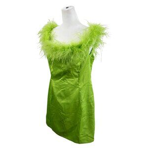 Boohoo Occasion Lime Green Feather Trim Off the Shoulder Mini Dress
